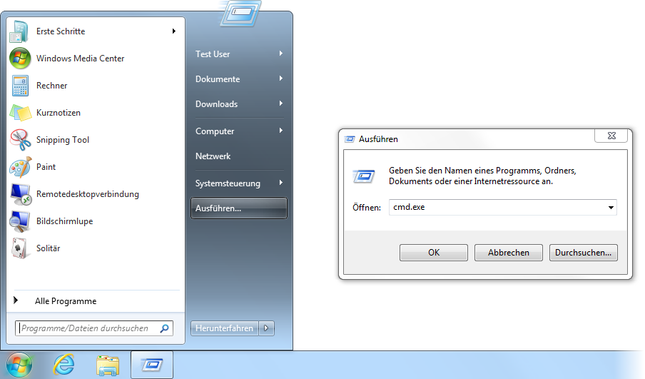 Ausführen-Dialog mit cmd.exe